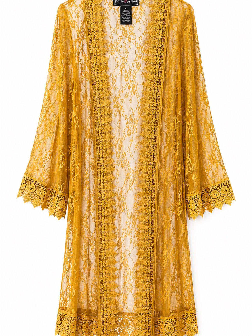 Polly & Esther Boho Lace Kimono Duster S | Gold Sheer Cardigan Longline Cover Up - Picture 2 of 6